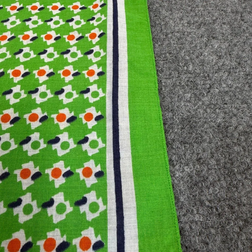 Vintage French Cotton Scarf Green Orange Geometric Floral Print Bandana 21x21